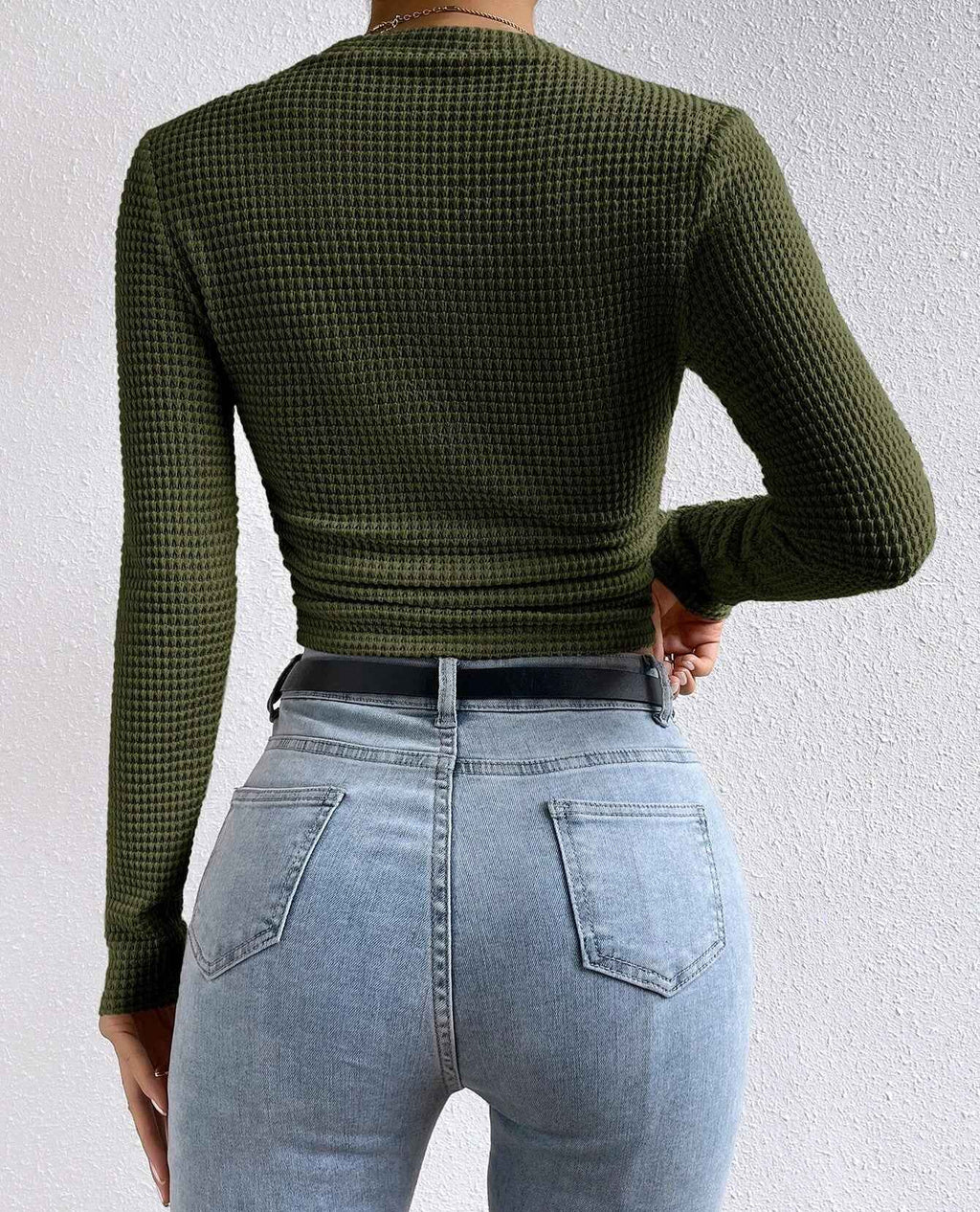 Solid Color Waffle Knit Pleated Side Short T-Shirt