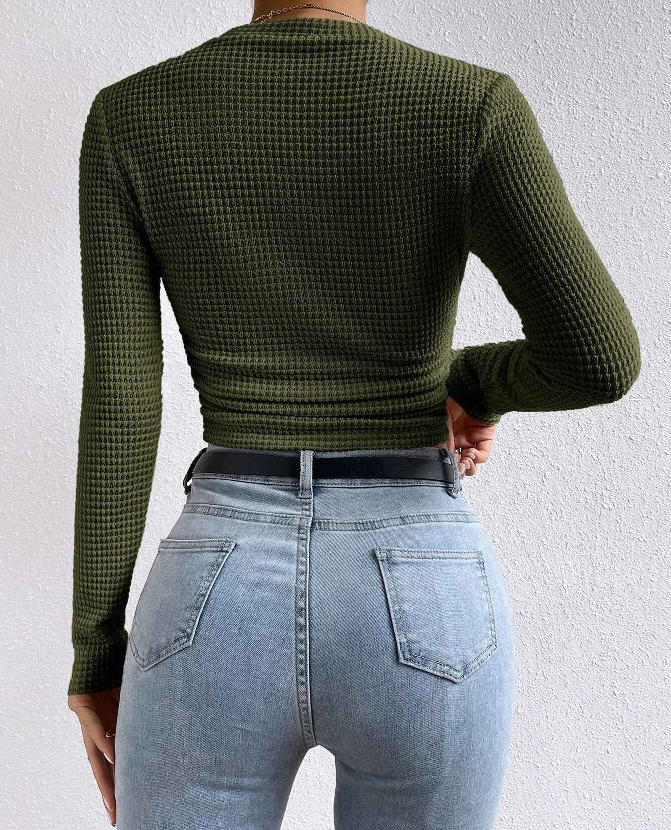 Solid Color Waffle Knit Pleated Side Short T-Shirt