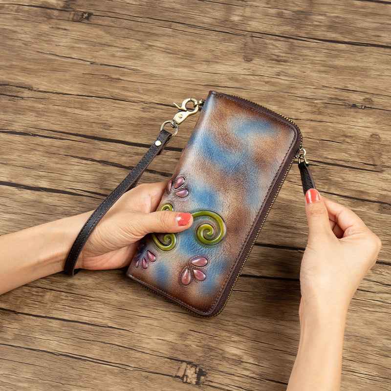 Floral Genuine Leather Zipper Wallet – Retro Style