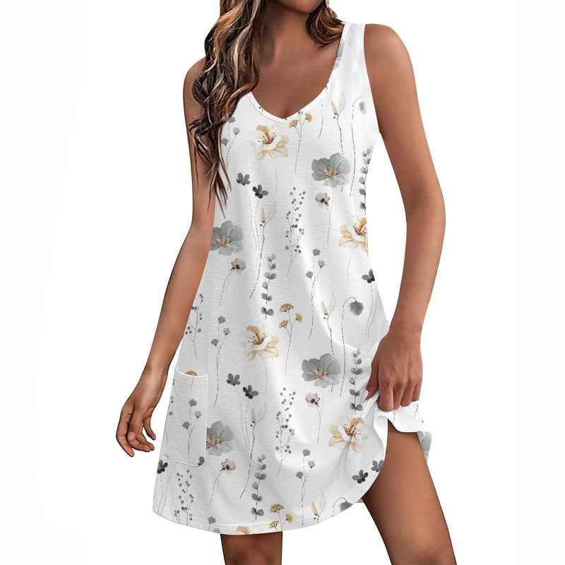 Sleeveless Loose-Fit Printed V-Neck Casual Dress