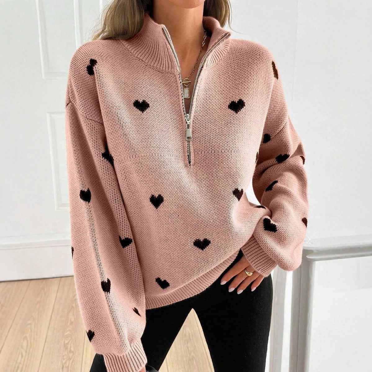 Womens Knitted Long-sleeve Sweater With A Heart-pattern Zipper