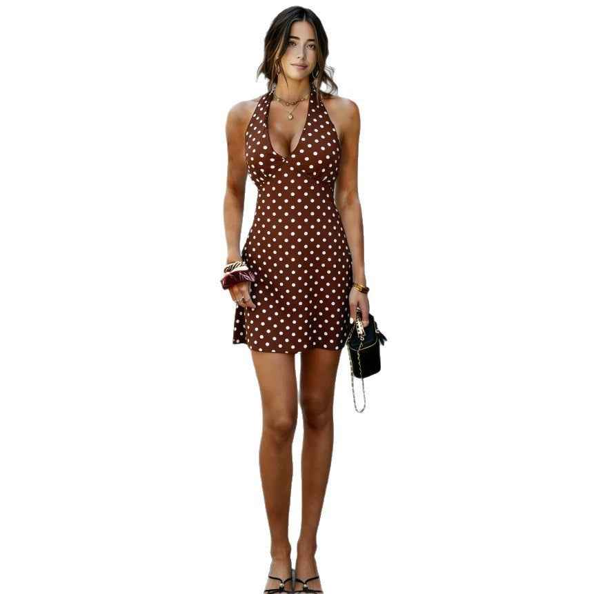 European And American-style Sexy Halter-neck Tube Top Deep-V-neck Polka-dot Dress
