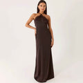 Lace-Spliced Open-Back Slim-Fit High-Waist A-Line Long Slip Dress