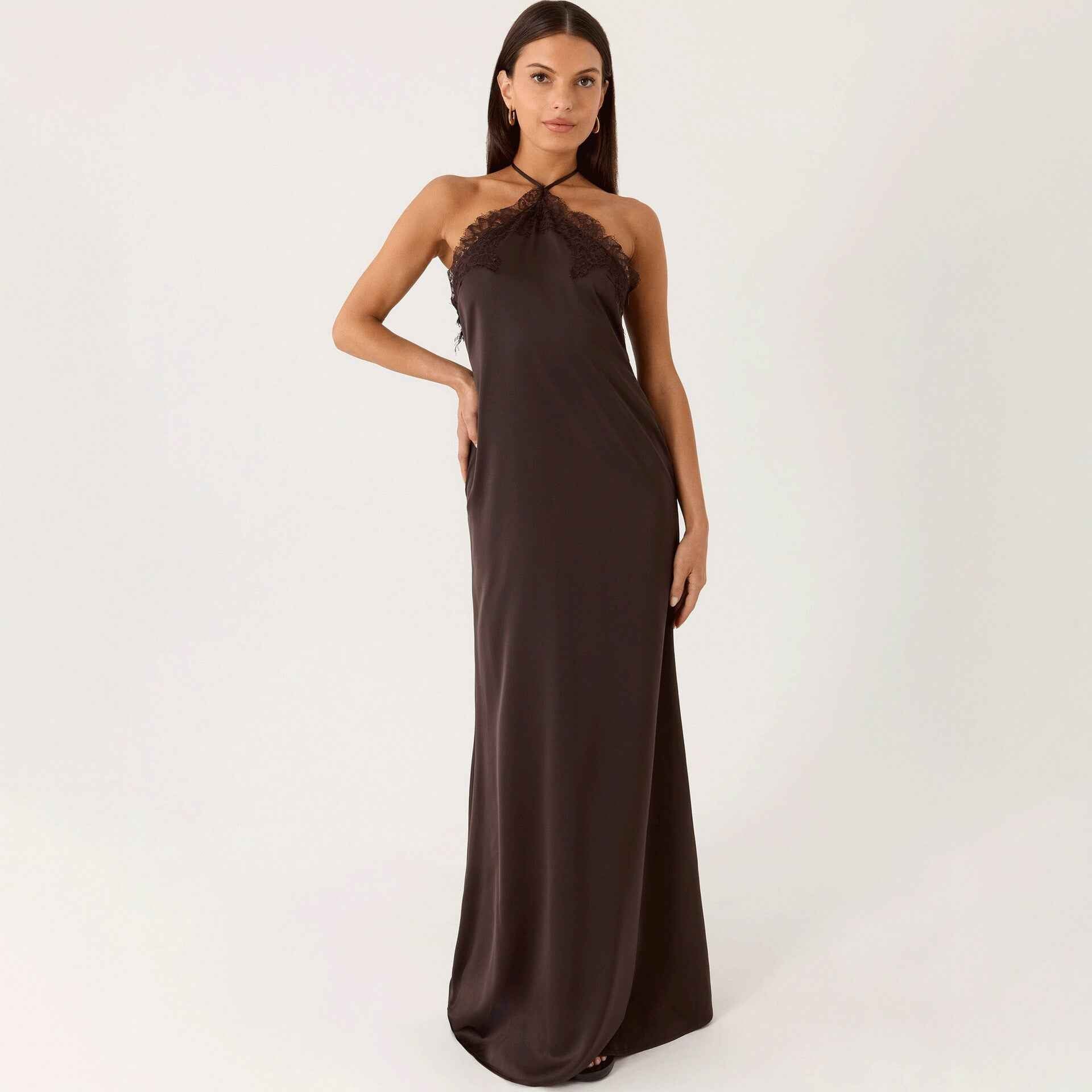 Lace-Spliced Open-Back Slim-Fit High-Waist A-Line Long Slip Dress
