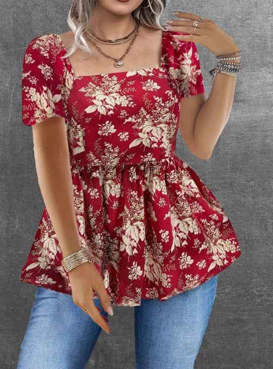 Womens Casual Short Square-neck Floral Top