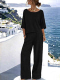 Knitted Short-Sleeve Top & Wide-Leg Pants Bohemian Resort Two-Piece Set