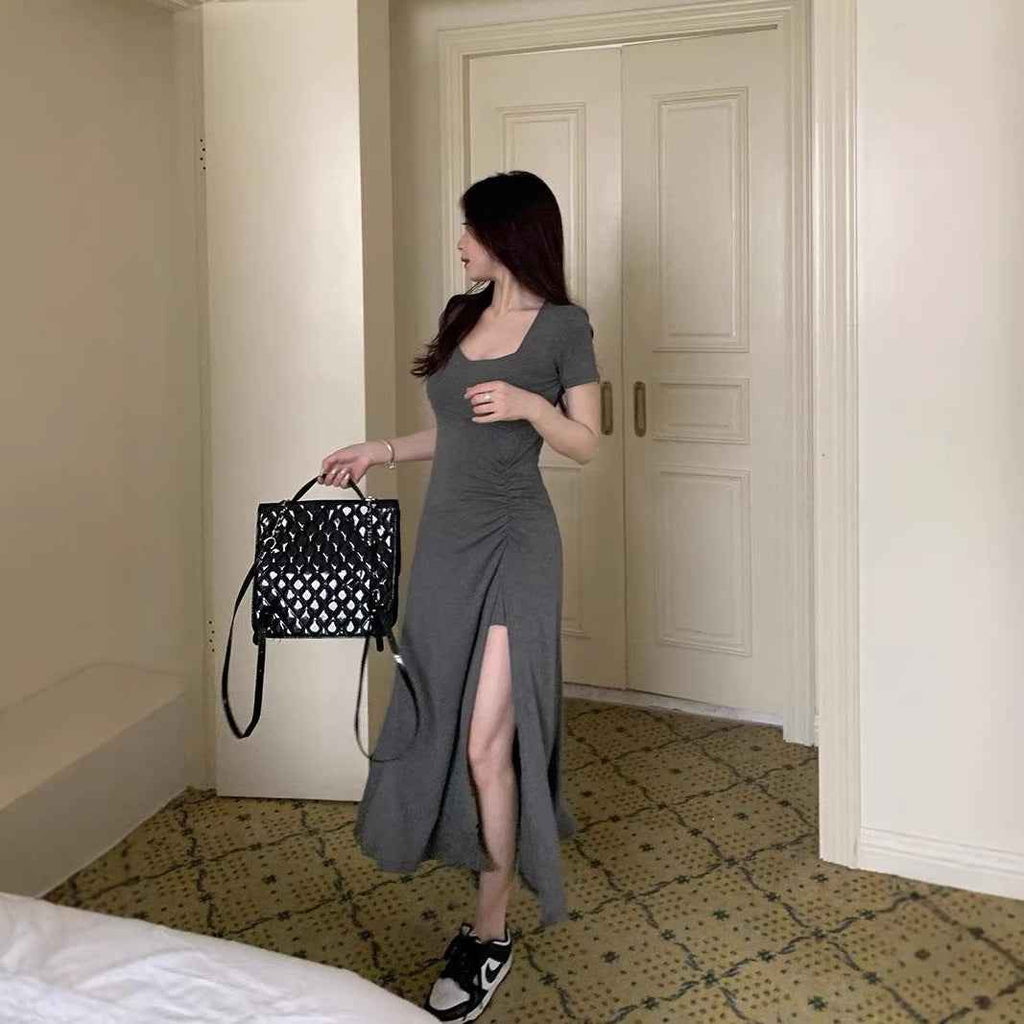 Three-Quarter Sleeve Square-Neck Patchwork Slim-Fit Slit Dress