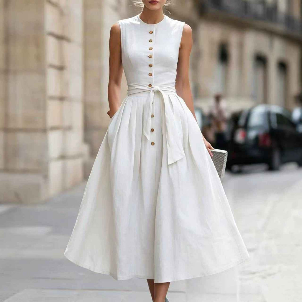 Sleeveless Off-Shoulder Pleated Flared Hem Linen Maxi Dress