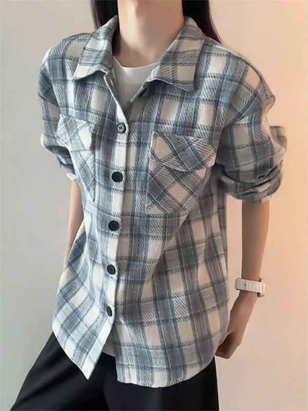 Sky Blue American Style Heavyweight Plaid Womens Shirt