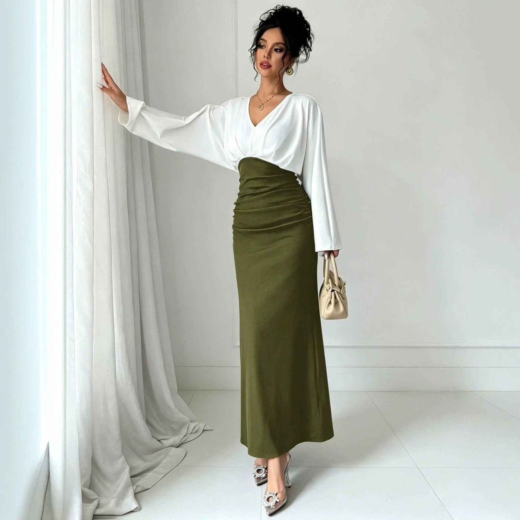 Womens Solid-Color Patchwork Long-Sleeve Slim-Fit Dress