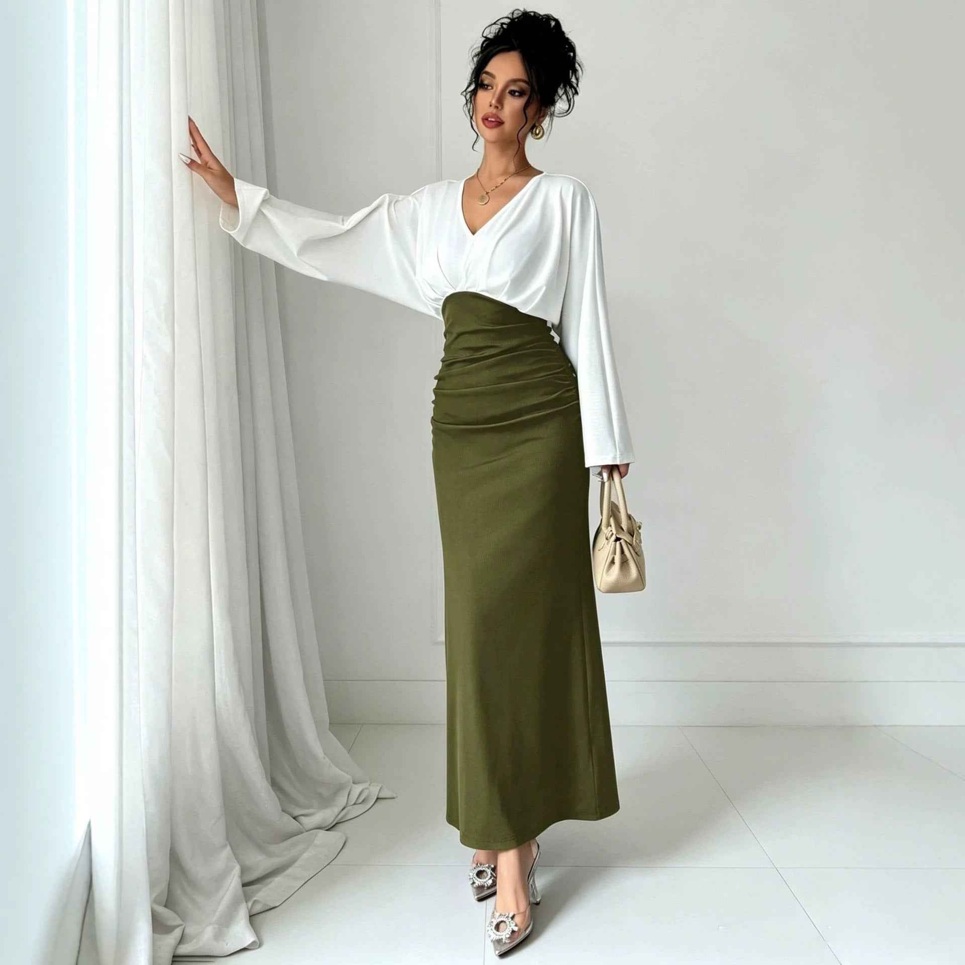 Womens Solid-Color Patchwork Long-Sleeve Slim-Fit Dress