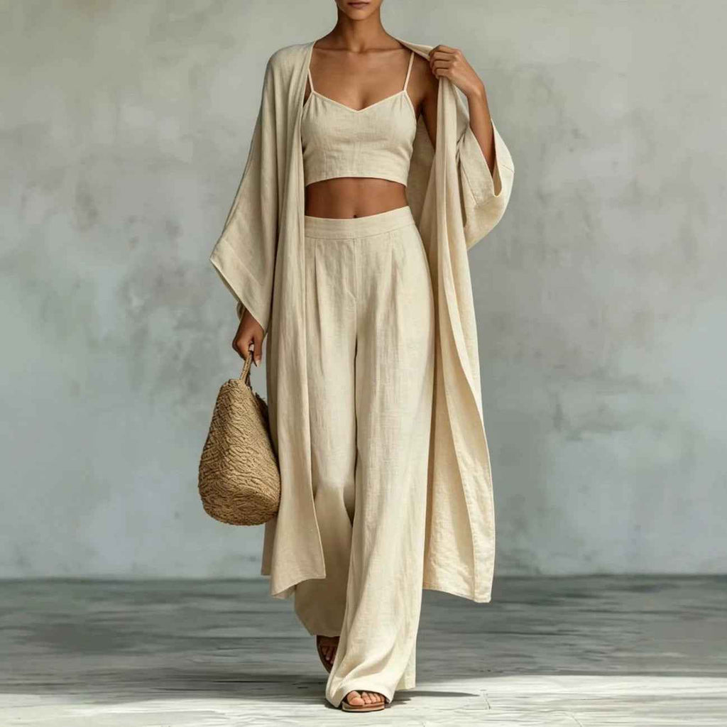 Cardigan Camisole High Waisted Wide Leg Pants Three Piece Set