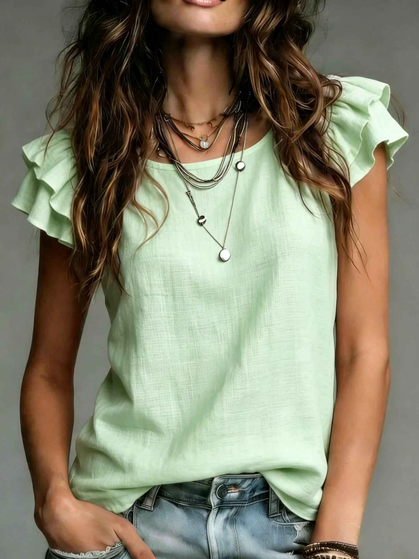 Ruffle-Sleeve Round-Neck Top