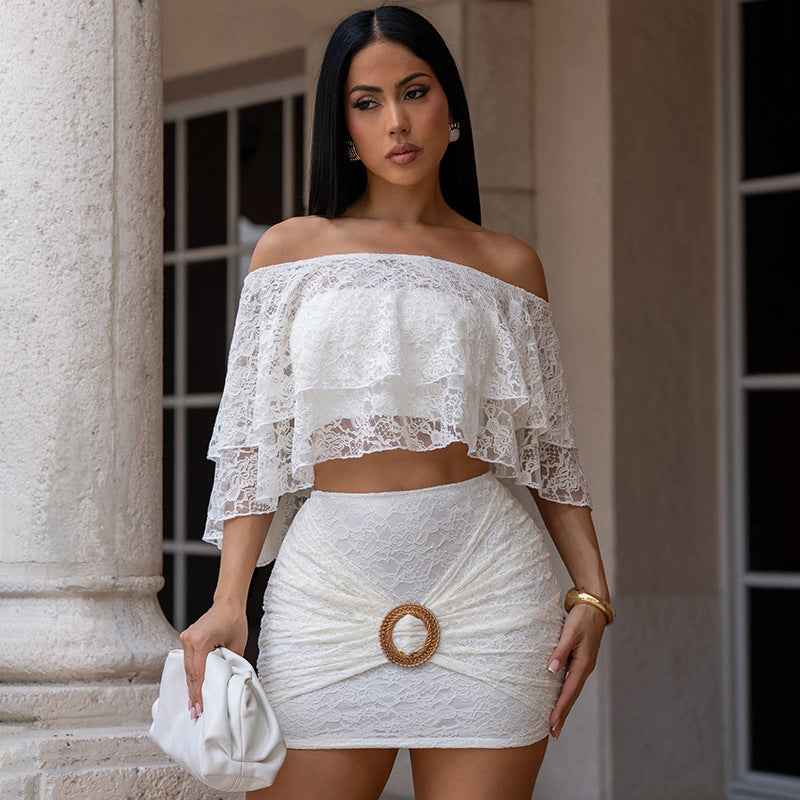 Off-Shoulder Lace Floral Crop Top & Sheath Skirt Set – Women’s Two-Piece