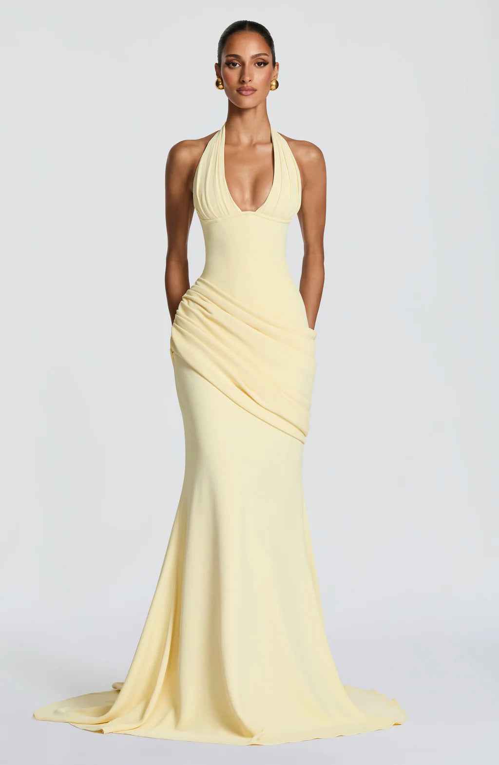 Halter-Neck Pleated A-Line Maxi Dress — Cinched Waist, Sleeveless, Elegant