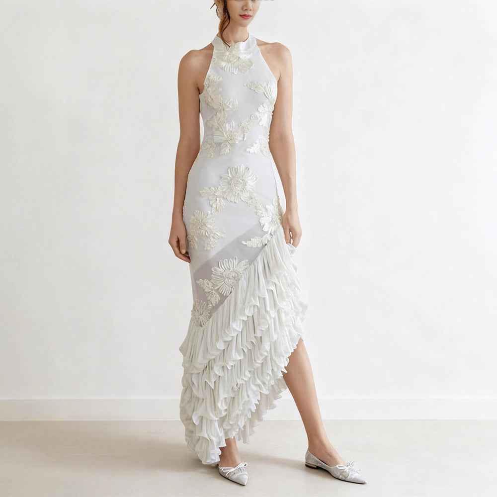 Sleeveless Off-Shoulder Embroidery Ruffle Dress