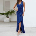 V-Neck Patchwork Sleeveless Evening Gown