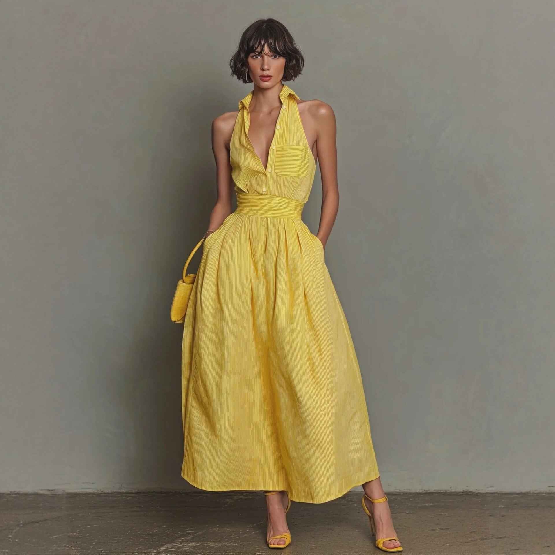Yellow-striped V-neck, Waist-cinched, Sleeveless Dress That The