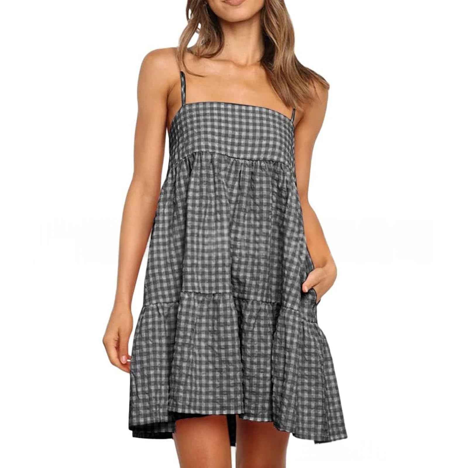 Casual Mini Dress With Shoulder Strap Ruffles And Side Pockets