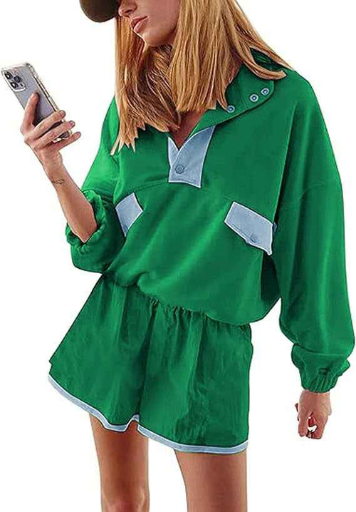 Casual Versatile Stand-collar Loose-fit Color-block Patchwork Long-sleeve Top And Shorts Set