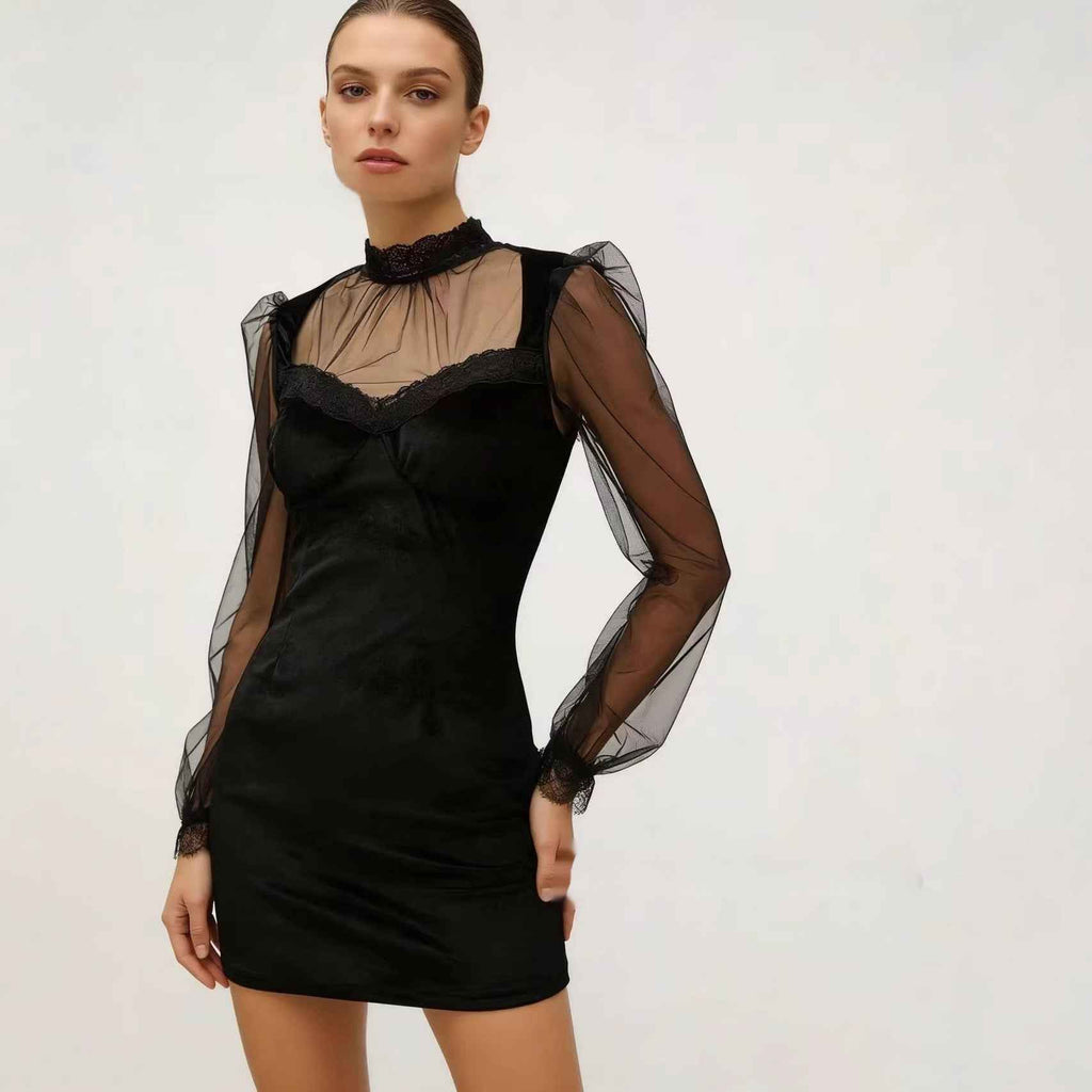 Velvet Mesh-Panel Bodycon Mini Dress — Long Sleeve, High Waist, Slim Fit
