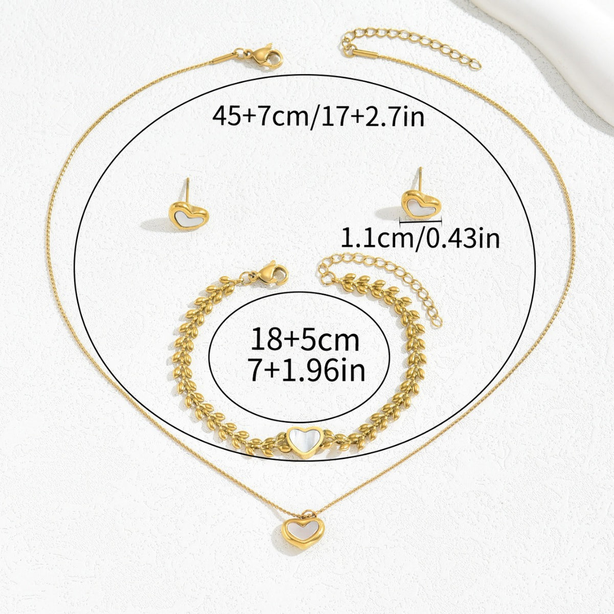 Gold-Tone Heart Necklace, Bracelet and Earrings Set - three-piece set and dimensions