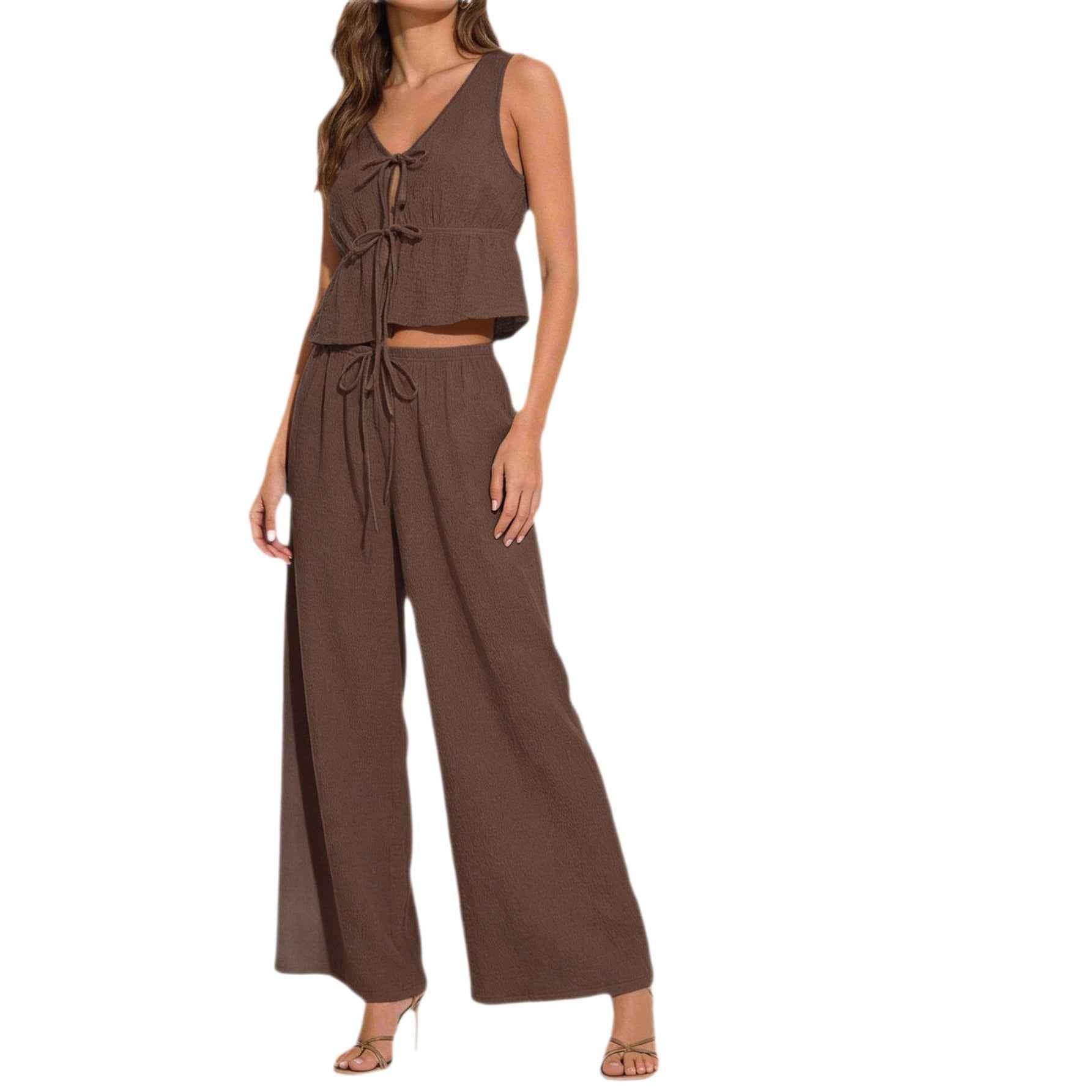 Solid-color Sleeveless Top With Tie Detail And Casual Wide-leg Pants Set