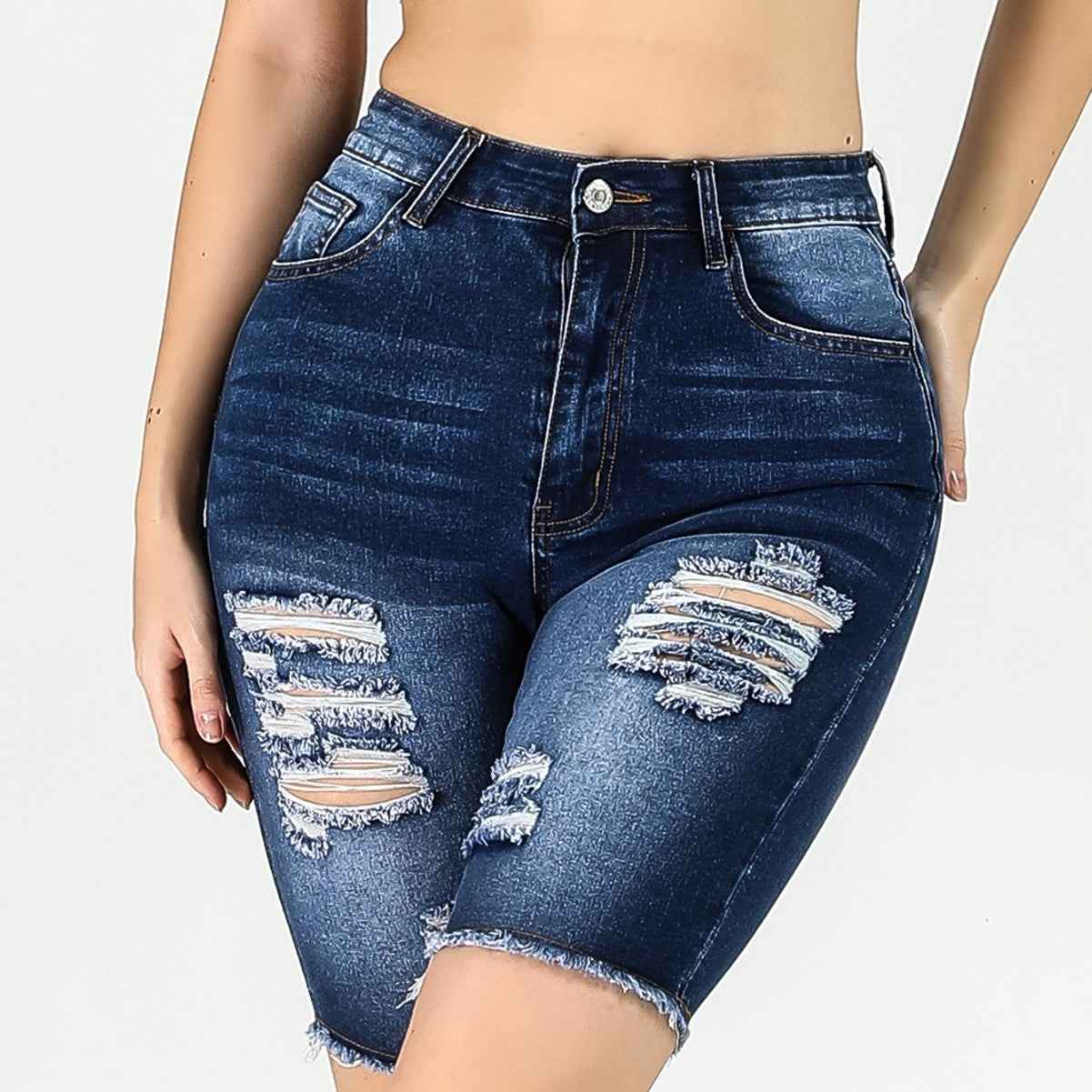 High-Waisted Skinny Denim Shorts – Distressed Wash