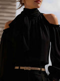 Womens Stand-collar Off-shoulder Top With Puff Sleeves