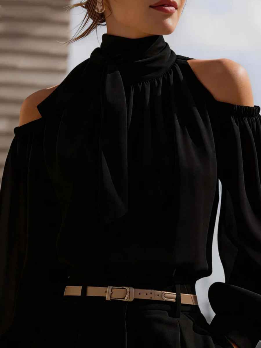 Womens Stand-collar Off-shoulder Top With Puff Sleeves