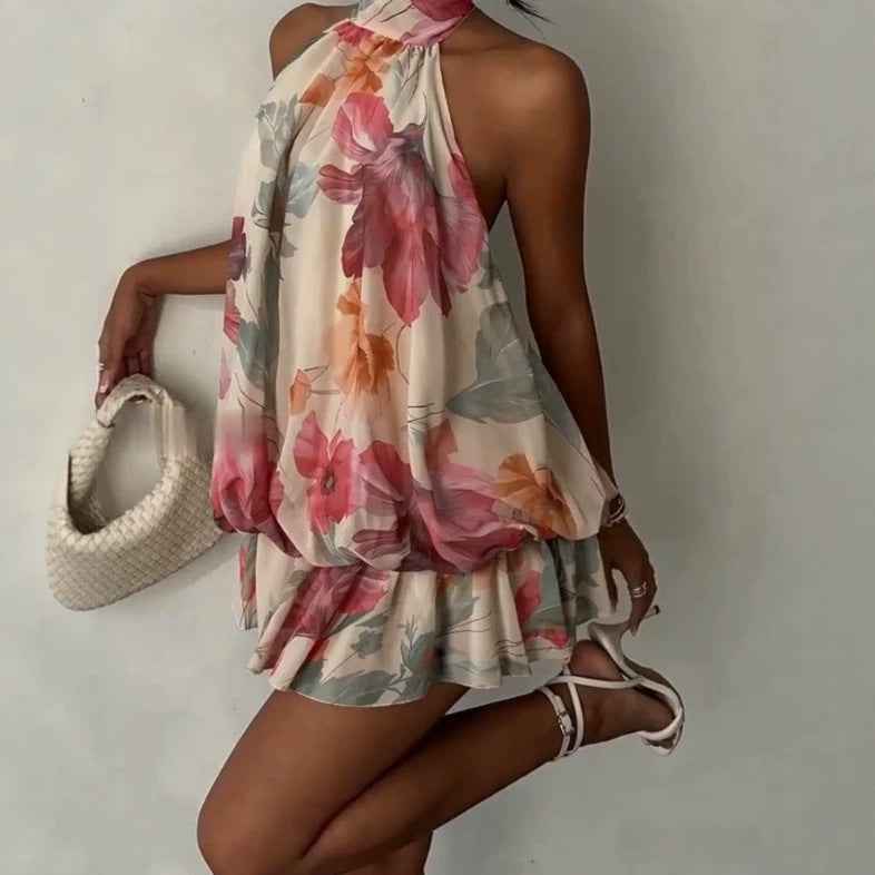 Halter-neck Ruffle Sleeveless Tiered Dress