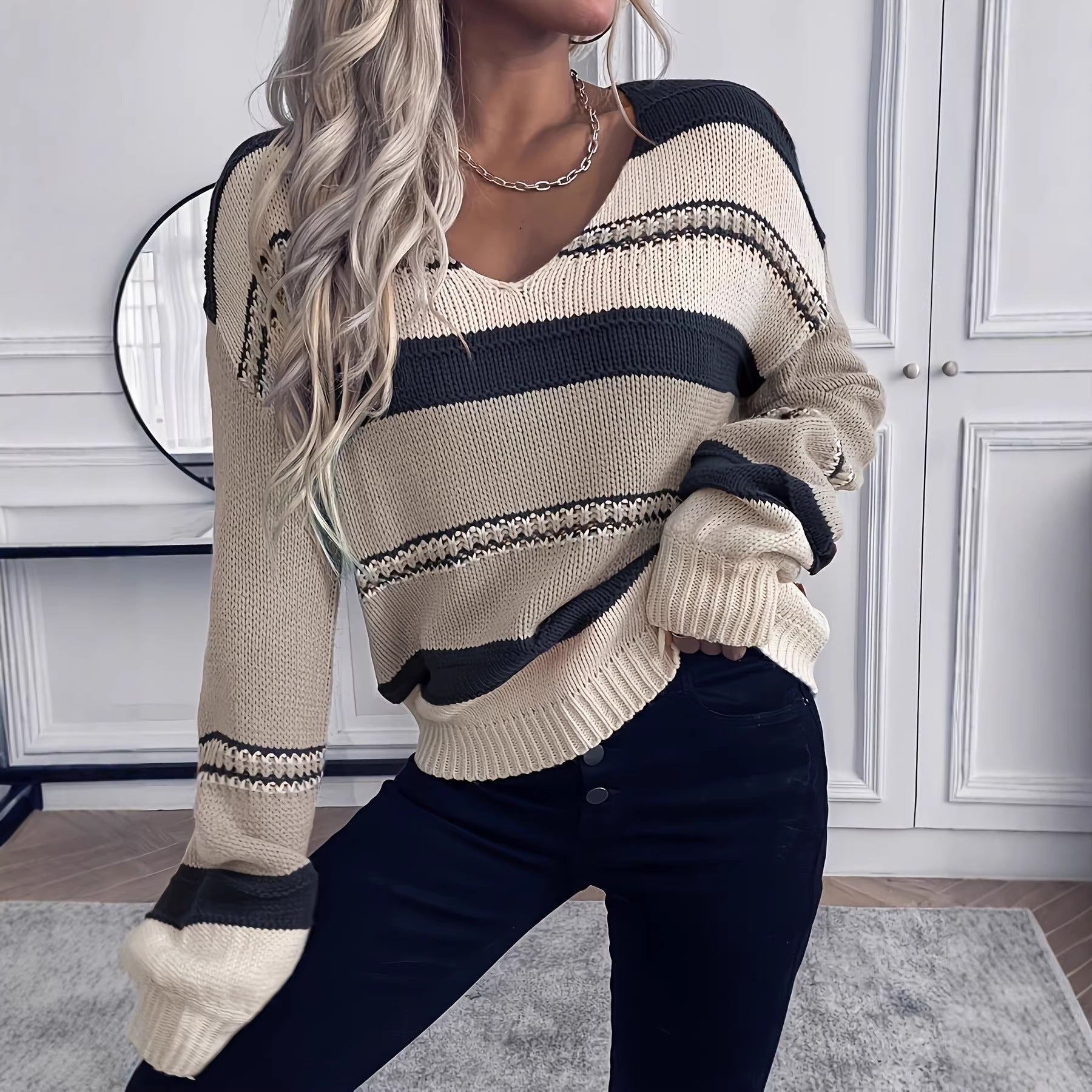 Color Block Wool Blend Pullover Sweater
