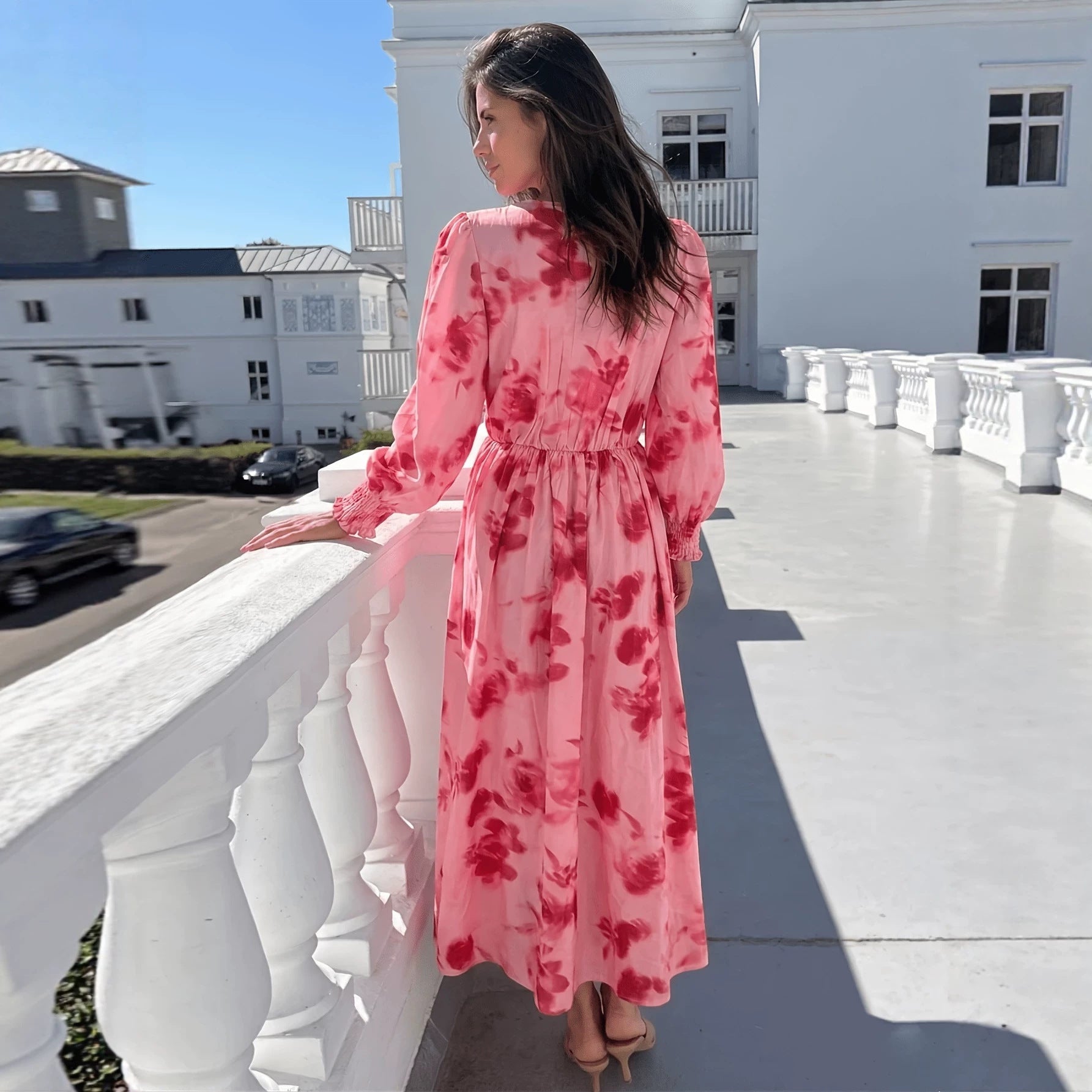 3D Floral Slim-Fit Midi Dress with Lace-Up & Satin Ribbon