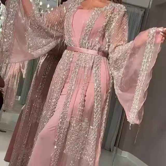Lace Sequin Deep-V Maxi Evening Gown — Flared Sleeves, Black & Pink