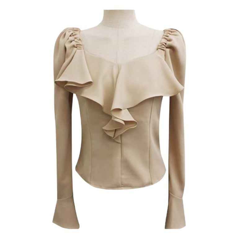 Ruffle-Sleeve Slim-Fit Chiffon Shirt