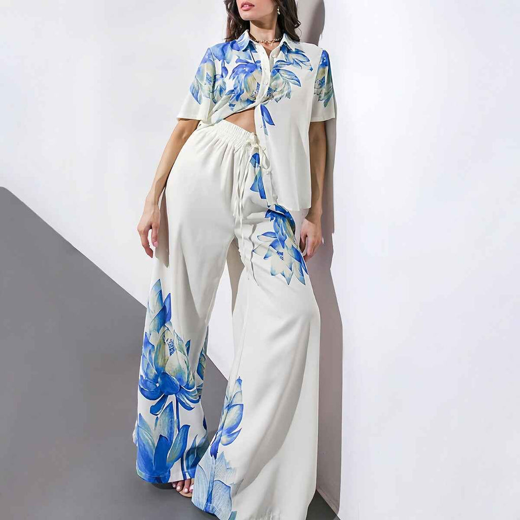 Printed 3/4-Sleeve Top & Wide-Leg Trousers Set — Summer Casual