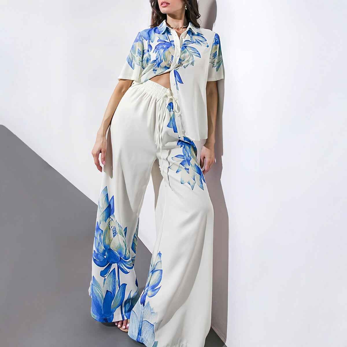 Printed 3/4-Sleeve Top & Wide-Leg Trousers Set — Summer Casual