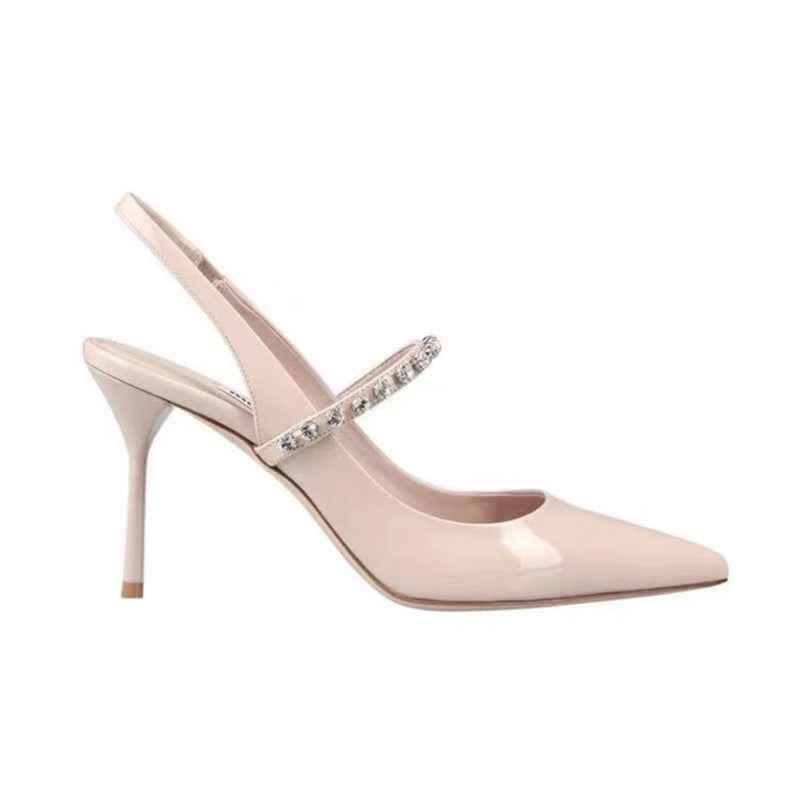 Satin Rhinestone Stiletto Heels — Ankle Strap, Pointed Toe, 3 Heights