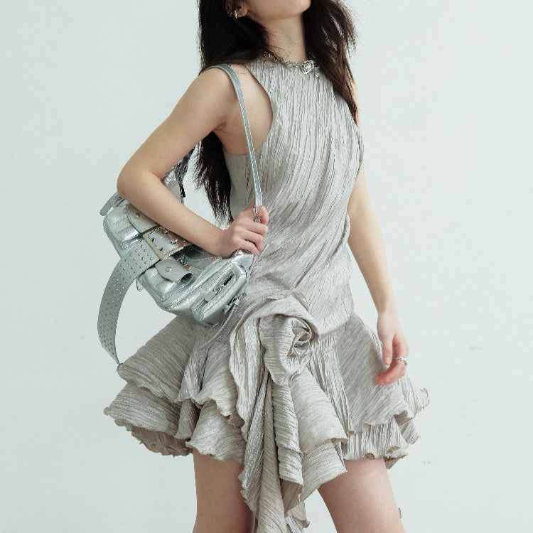 Gray Sleeveless A-line Midi Dress with Asymmetric Hem