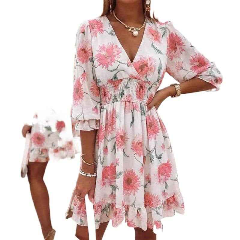 A-line Casual Chiffon Dress With A Fitted Waist And Ruffled Hem