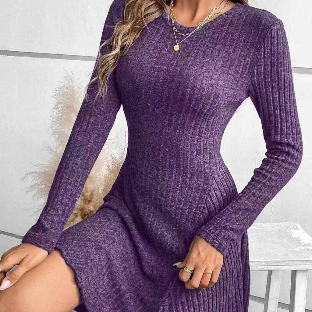 Womens Elegant Solid-color Rib-knit Crew-neck Long-sleeve Dress