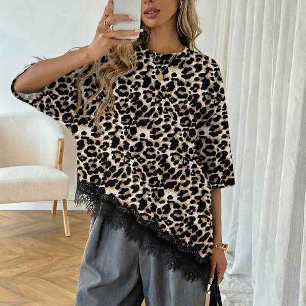 Lace-Trim Top — Slanted Hem, 3/4 Sleeve Minimalist Style