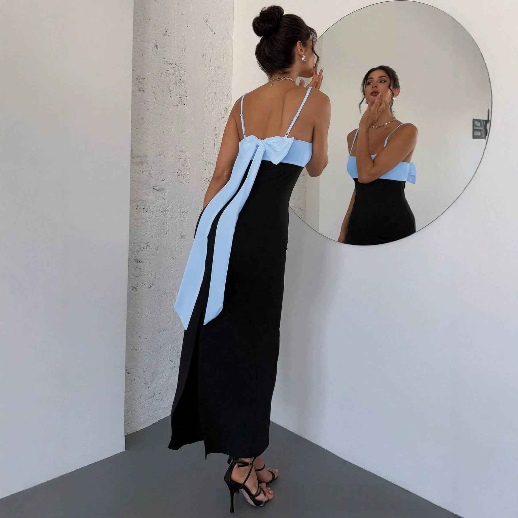 New Womens Backless Color Block Dress