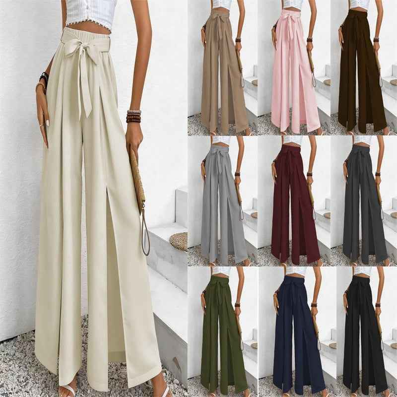 Summer New Solid-Color Casual Lace-Up Loose Womens High-Waisted Wide-Leg Long Pants