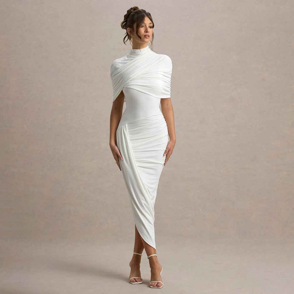 High Neck Cape Sleeve Ruched Bodycon Midi Dress