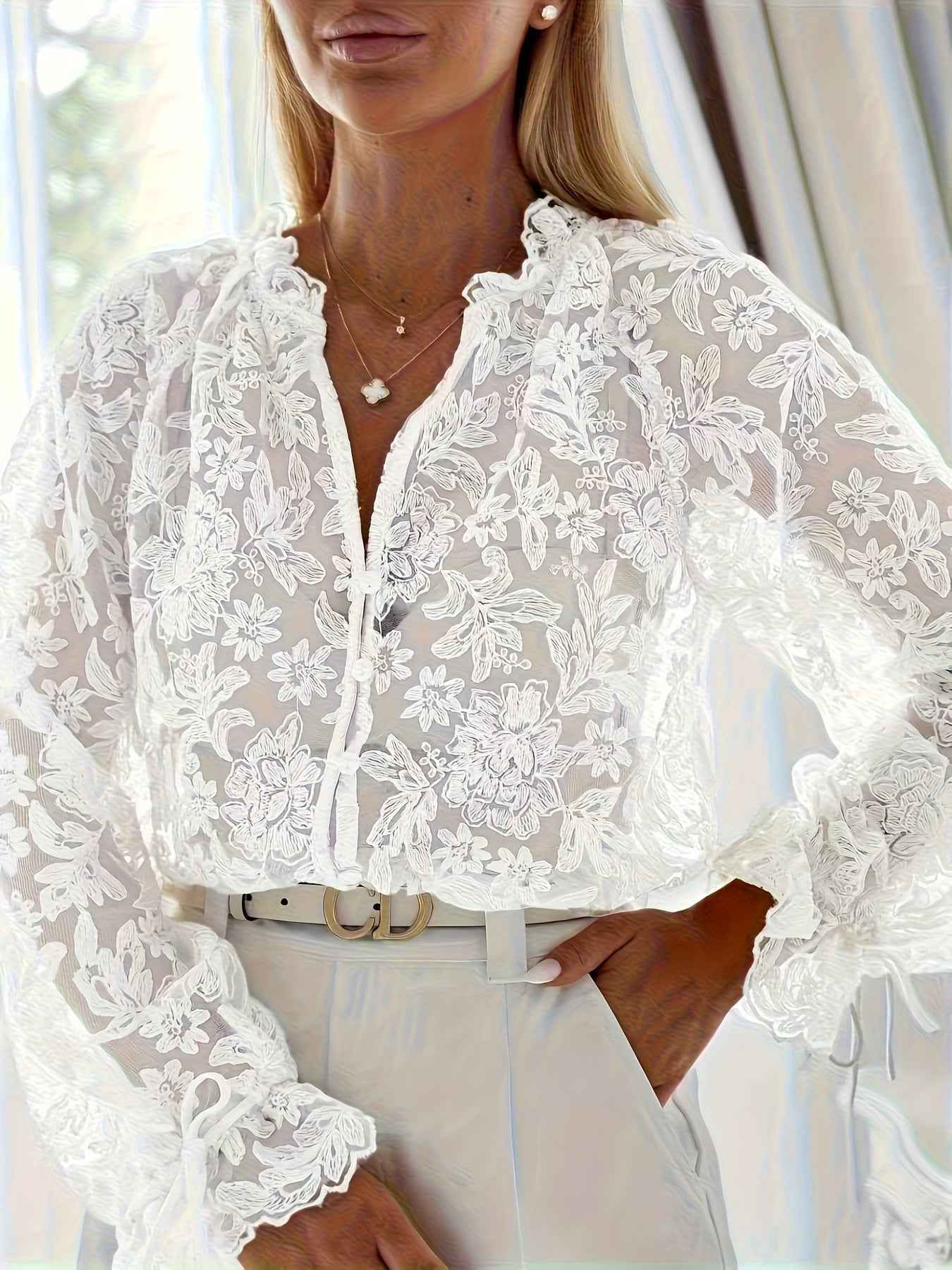 V-neck Hollow-out Casual Lace Long-sleeve Womens Top