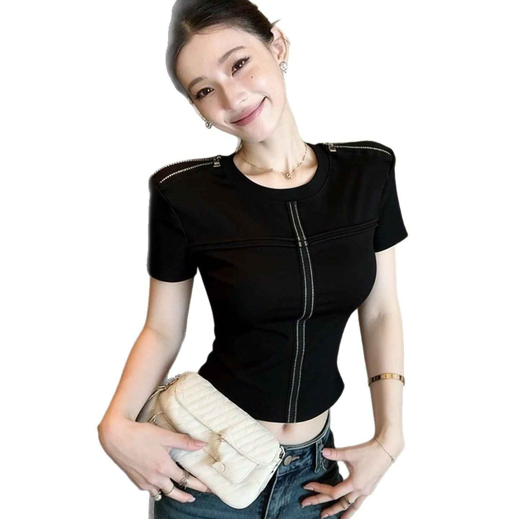 Zip-Front Off-Shoulder Short-Sleeve Top – Slim Fit
