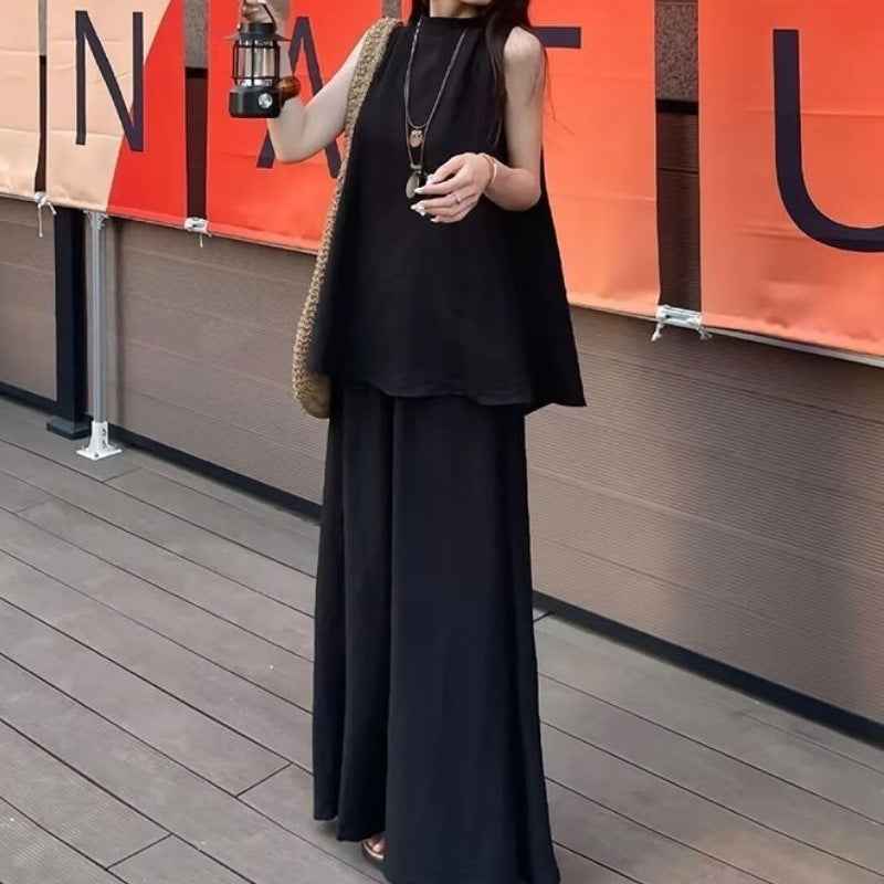 Womens Summer Lazy-Style Loose Sleeveless Top And Fashionable Wide-Leg Long Pants Two-Piece Set