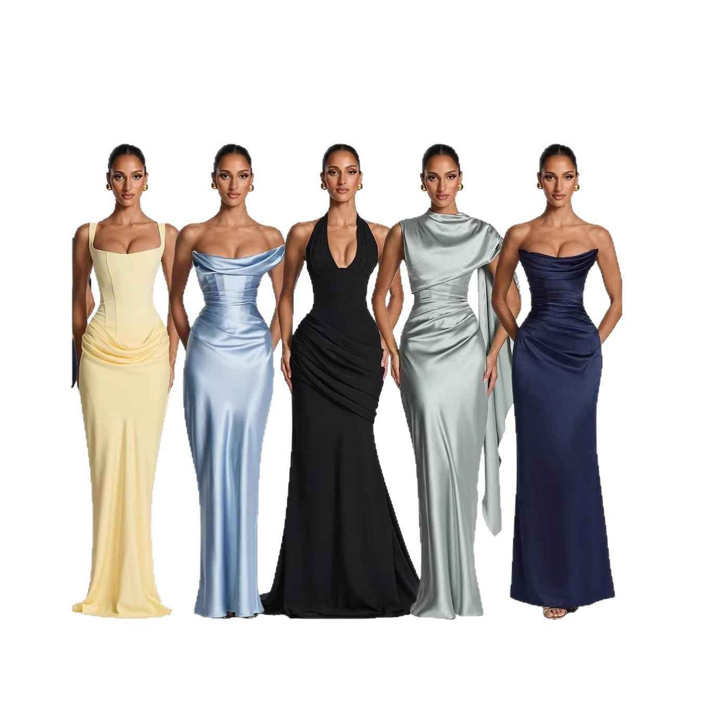 Halter-Neck Pleated A-Line Maxi Dress — Cinched Waist, Sleeveless, Elegant