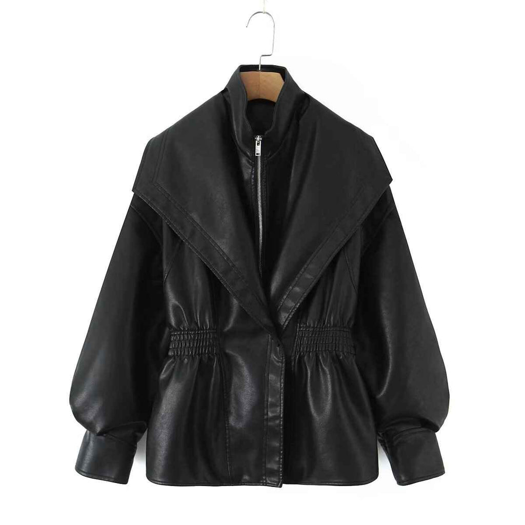 Faux Leather Biker Jacket with Turn-Down Collar